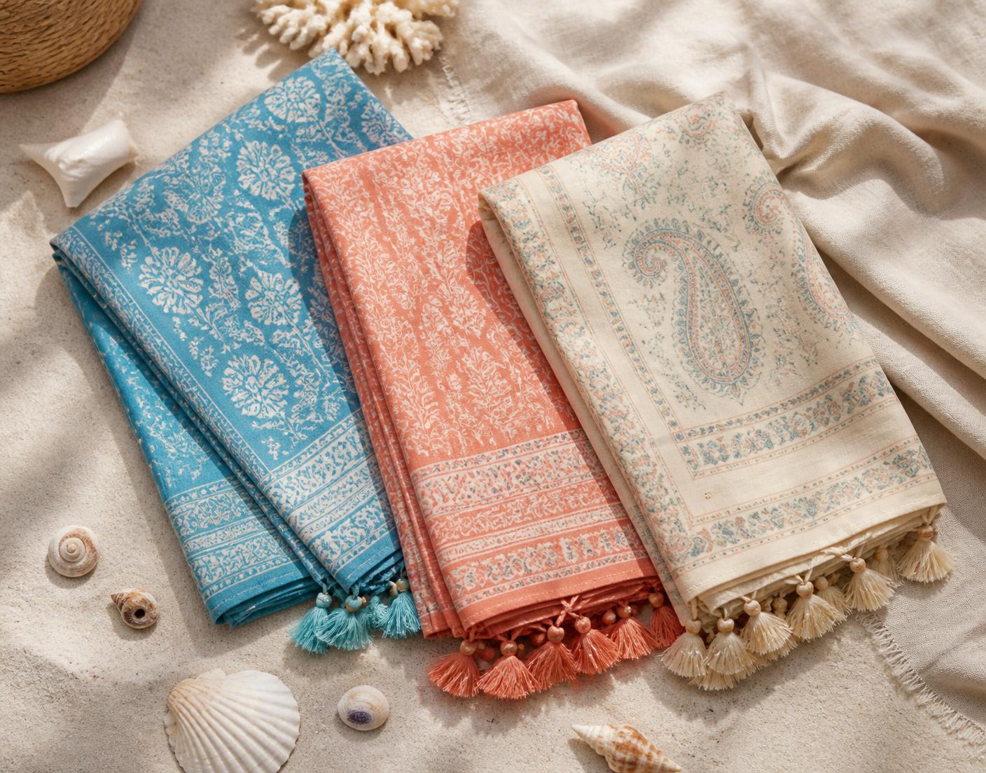 Three folded Indian scarves in coastal colors with seashells