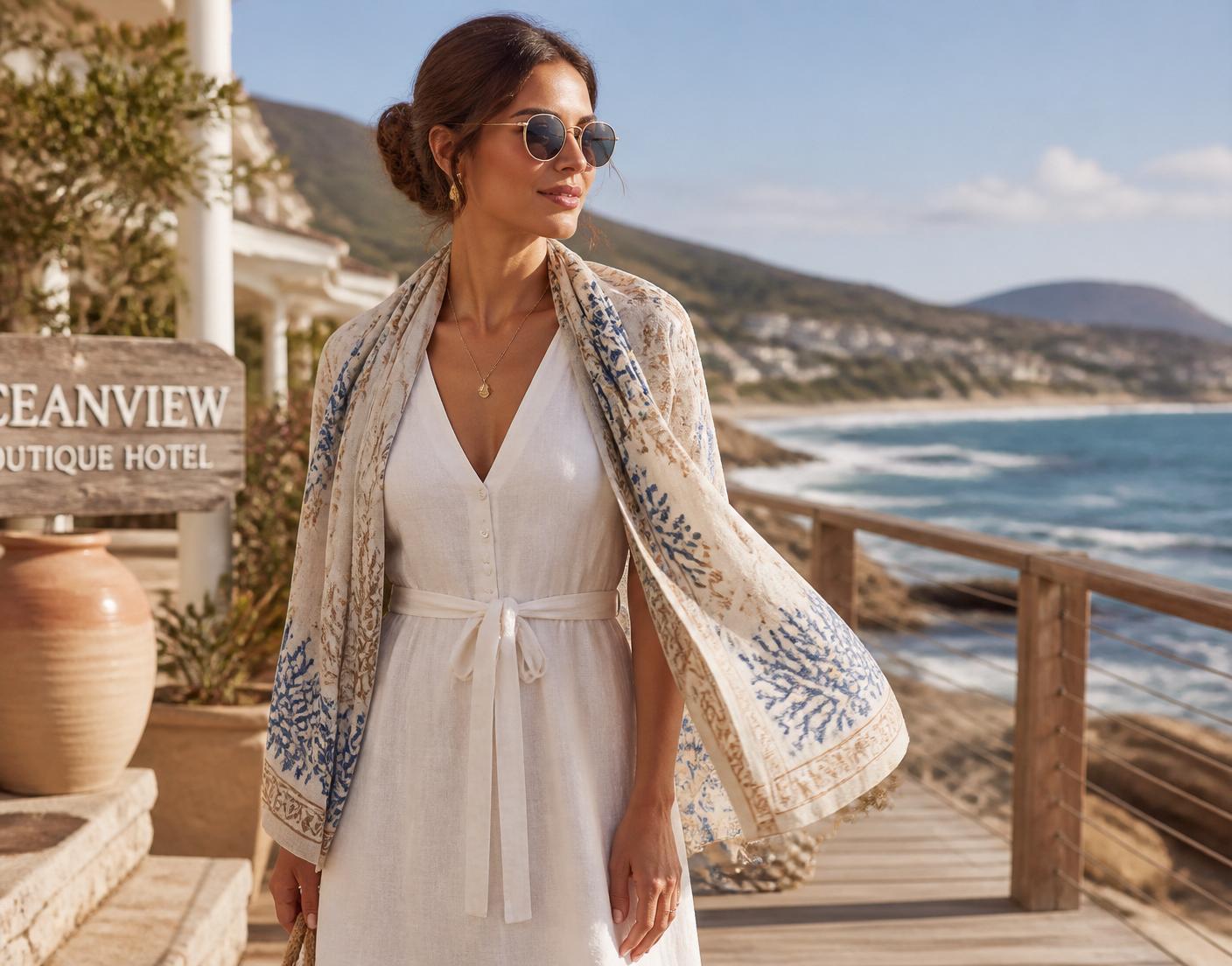 Woman on a coastal boardwalk styled with a lightweight scarf